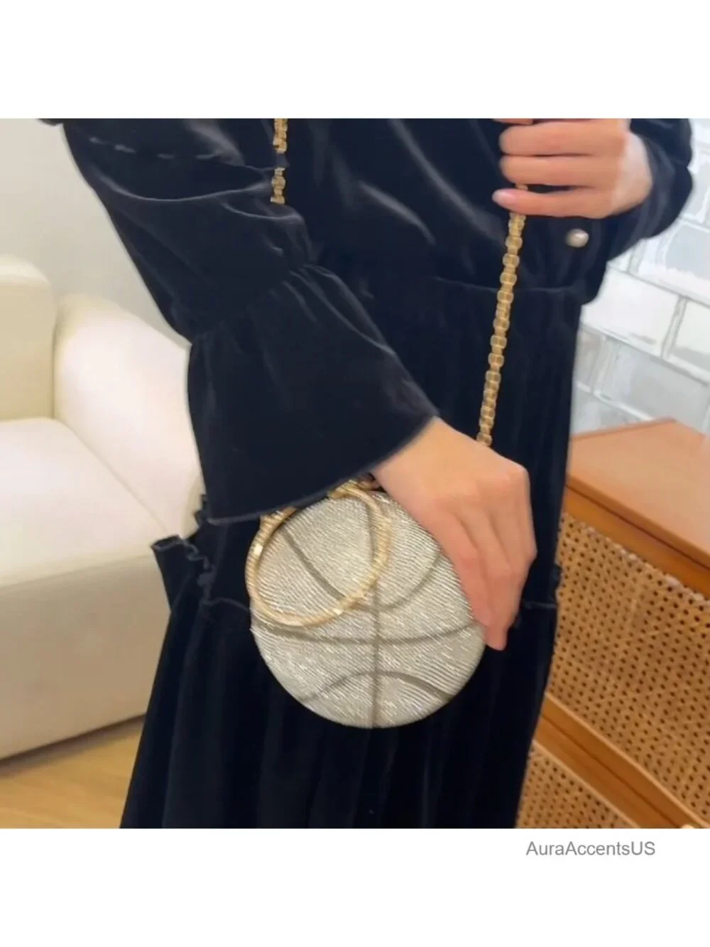 Basketball Shaped Rhinestone Evening Clutch Purse, Crystal Crossbody Bag Party